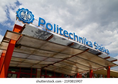 GLIWICE, POLAND - AUGUST 2, 2022: Silesian University Of Technology (Politechnika Śląska) In Gliwice. Logo Sign On School Sports Center Venue Building With Tafla Ice Rink.