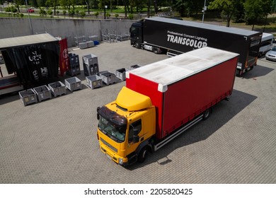 GLIWICE, POLAND - AUGUST 2, 2022: Trucks With Gear For A Rock Concert. Road Crew Or Roadies Lorry Trailer With Stage Equipment For A Live Show. Transcolor Professional Lighting TIR Car.