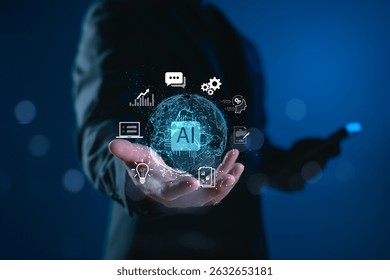 Global AI technology concept with digital connection and smart interface. Represents artificial intelligence, cloud computing, data sharing, and worldwide smart internet communication systems.