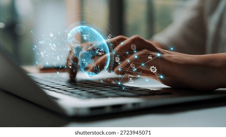 Global AI-powered digital network ecosystem connecting data, finance, analytics, ecommerce, communication, and automation across continents through technology and cloud Marrow