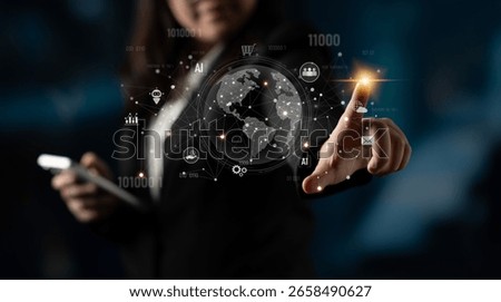 Global AI-powered digital network ecosystem connecting data, finance, analytics, ecommerce, communication, and automation across continents through technology and cloud Latch