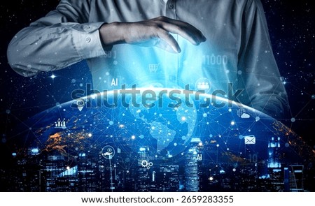 Global AI-powered digital network ecosystem connecting data, finance, analytics, ecommerce, communication, and automation across continents through technology and cloud Vouch