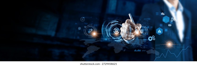 Global backup structure of network. Analyzing businessman securing data on digital interface, cloud storage, recovery systems, continuity, protection.