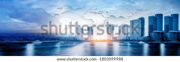 global business background, With tall business towers.
Business buildings on the skyline on the sea. city ​​scape and
network connection concept.  business globalization Connection
technologies. 