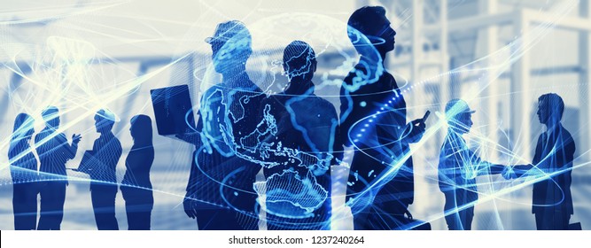 Global Business Concept. Silhouette Of Business People.