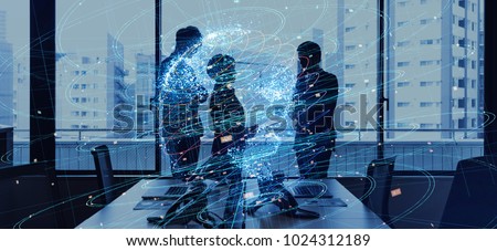 Global business concept. Silhouettes of business person and communication network.