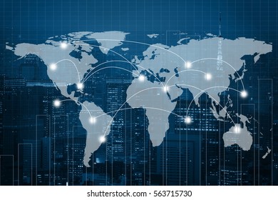 Global business connection concept. Double exposure world map on capital financial city and trading graph background. Elements of this image furnished by NASA