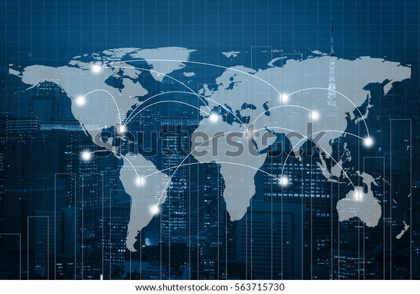 グローバルなビジネス接続のコンセプト 資本金融都市と取引グラフの背景に2重の露出の世界地図 Nasaが提供するこの画像のエレメント の写真素材 今すぐ編集