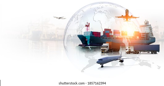 Global Business Of Container Cargo Freight Train For Business Logistics Concept, Air Cargo Trucking, Rail Transportation And Maritime Shipping, Online Goods Orders Worldwide