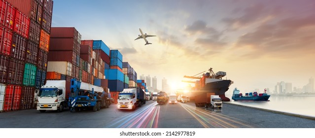 Global business of Container Cargo freight train for Business logistics concept, Air cargo trucking, Rail transportation and maritime shipping, Online goods orders worldwide - Shutterstock ID 2142977819