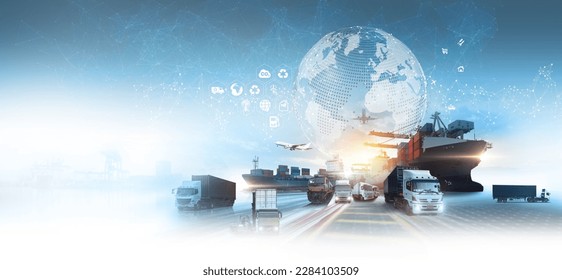 Global business of Container Cargo freight train for Business logistics concept, Air cargo trucking, Rail transportation and maritime shipping, Online goods orders worldwide - Shutterstock ID 2284103509