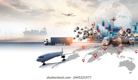 Global business of Container Cargo freight train for Business logistics concept, Air cargo trucking, Rail transportation with Big data visualization graphic graph and chart information business - Powered by Shutterstock - Get 15% off with code: PIKWIZARD15