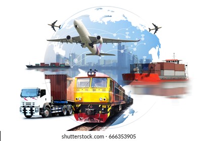 Global Business Of Container Cargo Freight Train For Logistic Import Export, Business Logistics Concept ,  Air Cargo Trucking , Rail Transportation , Maritime Shipping , On-time Delivery 