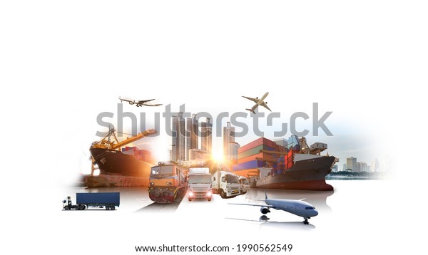 Global business\
of Container Cargo freight train for Business logistics concept,\
Air cargo trucking, Rail transportation and maritime shipping,\
Online goods orders\
worldwide