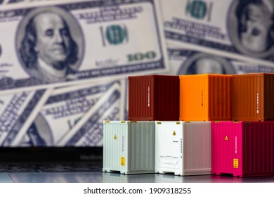 Global business container cargo ship in import export business logistic, Company shipping and logistics technology business industrial, Container on computer laptop notebook dolla money background.