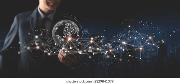 Global business, digital marketing, internet network technology background. Businessman using mobile smart phone with social media and global network connection, Business Intelligence, E-commerce