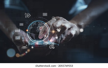 Global Business, Digital Marketing, Metaverse,  Digital Link Tech, IoT Internet Of Things, Big Data Concept. Businessman Using Mobile Smart Phone, Internet Technology Icons, Financial Graph