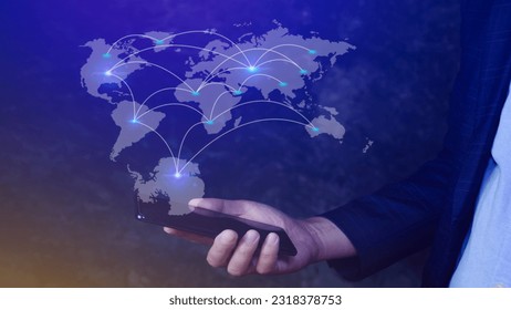 Global business, E-commerce, online marketing concept, Businessman using digital tablet touching on smartphone with world map on business market place.
