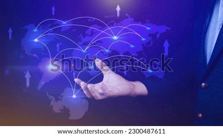 Global business, E-commerce, online marketing concept, Businessman using digital tablet touching on virtual screen with world map on business market place.