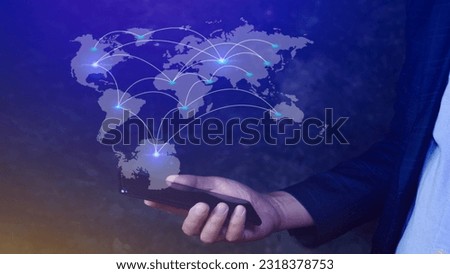 Global business, E-commerce, online marketing concept, Businessman using digital tablet touching on smartphone with world map on business market place.