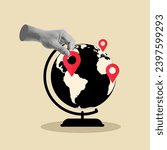 Global business expansion, planning trip, pin on world map, Globe, hand with location pin, World Map, Economy, Executive, Strategy, E-commerce, Communication, Global Communication, Connection, World 