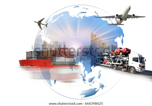 Global business of \
import export, Business logistics concept , The trailer transports\
cars on highway with big city background , maritime shipping ,\
On-time delivery 