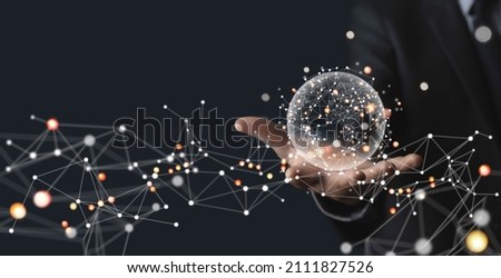 Global business, internet network connection, IoT Internet of Things, business intelligence concept. Businessman hand holding global network, futuristic technology background
