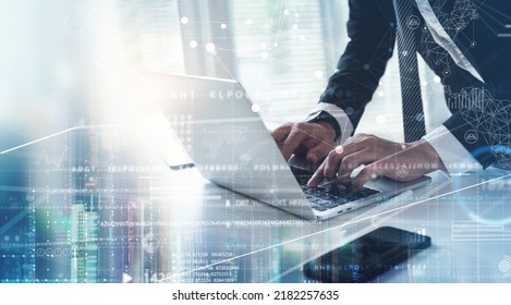 Global Business, Internet Network Technology, Data Analysis, Business Intelligence (BI) Concept. Businessman Working On Laptop Computer With  Global Network And Big Data Management