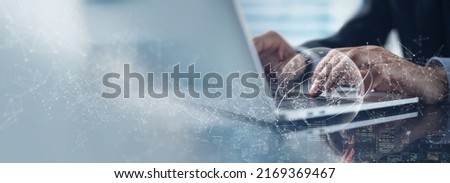 Global business, internet network technology concept. Businessman working on laptop computer with global internet network connection and smart city, digital marketing, data link