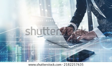 Global business, internet network technology, data analysis, business intelligence (BI) concept. Businessman working on laptop computer with  global network and big data management
