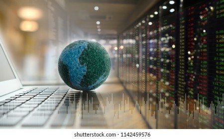Global Business And Invest Concept. Global On Computer With Volume Investment Of Stock Market Background.