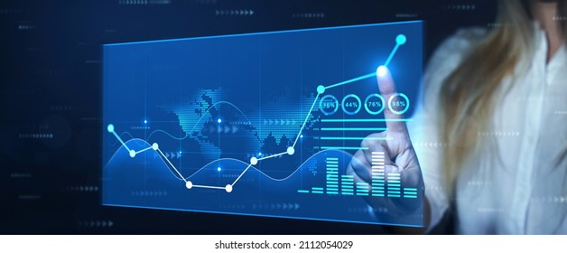 Global business investment. Financial stock exchange. Businesswoman looking at increase revenue chart on a digital virtual screen.Business development to success, profit and growing growth plan.