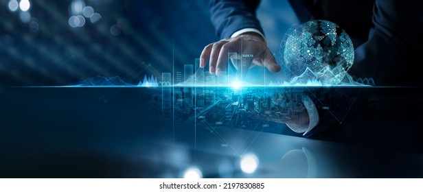 Global business, Investor touching of invest graph data growth on business network and investment risk analysis for return of success, strategy and planning investment, Banking, Finance and stock. - Shutterstock ID 2197830885