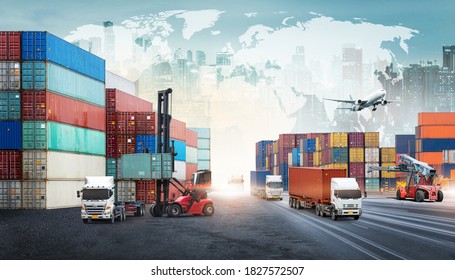 Global business logistics import export background and container truck, forklift truck lifting cargo container in shipping yard transport concept
