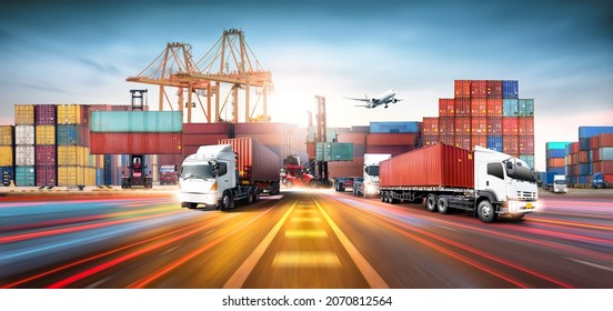 Global business logistics import export   container cargo freight ship during loading at industrial port by crane  container handlers  cargo plane  truck highway  transportation industry concept