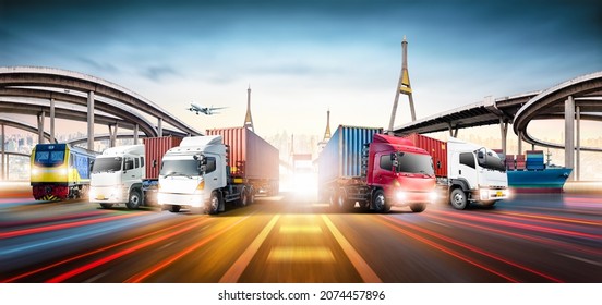 Global business logistics import export and container cargo freight ship, freight train, cargo plane, container truck on highway at cityscape background with copy space Transportation industry concept