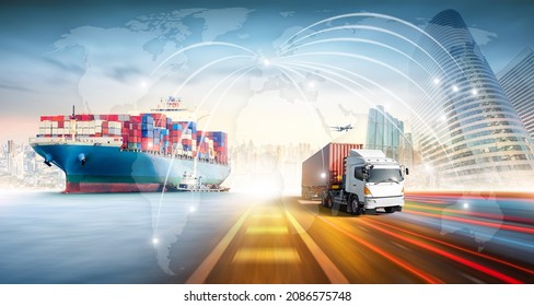 Global business logistics import export and container cargo freight ship, cargo plane, container truck on highway at city background with world map screen connections, transportation industry concept - Shutterstock ID 2086575748