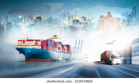 Global business logistics import export and container cargo freight ship, cargo plane, container truck on highway at port shipping dock yard background with copy space, transportation industry concept - Shutterstock ID 2129574824