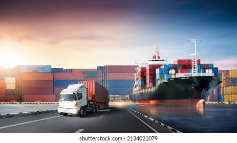 Global business logistics import export and container cargo freight ship, container truck on highway at port shipping dock yard background with copy space, transportation industry concept