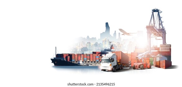 Global business logistics import export of containers cargo freight ship loading at port by crane, container handlers, cargo plane, truck on city background with copy space, transport industry concept - Shutterstock ID 2135496215