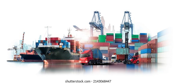 Global business logistics import export of containers cargo freight ship loading at port by crane, container handlers, cargo plane, truck on city background with copy space, transport industry concept