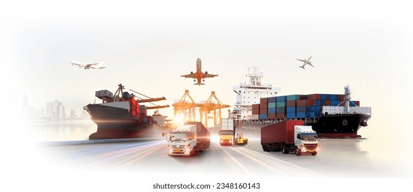 Global business logistics import export of containers cargo freight ship loading at port by crane, container transport, cargo plane, truck to port background