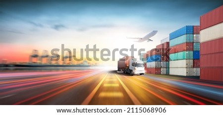 Global business logistics import export and container cargo freight ship loading at port by crane, container handlers, cargo airplane, truck on highway, transport industry concept, Depth blur effect