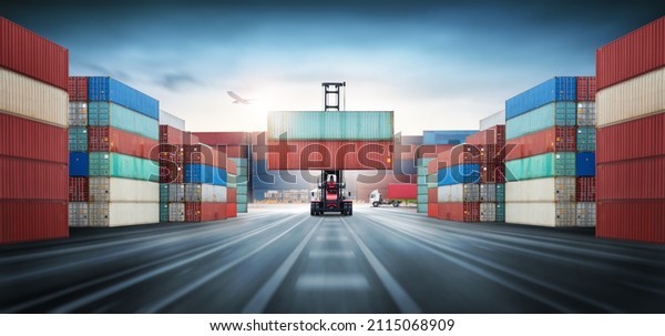Global\
business logistics import export and Container handler in the\
loading and unloading with truck at container yard, cargo airplane,\
transportation Industry concept, Depth blur\
effect