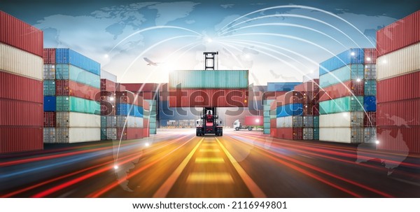 Global business logistics import export and world\
map network distribution, Container handler loading with truck at\
container yard, cargo airplane, Smart technology, Transportation\
industry concept