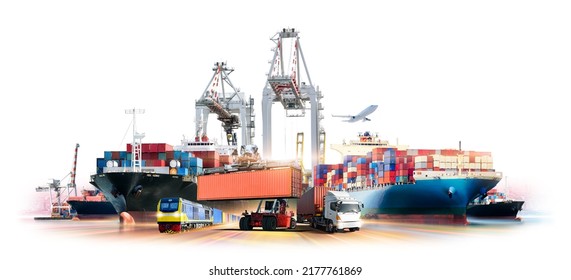 Global business logistics transport import export and International trade concept, Logistics distribution of containers cargo freight ship, Truck and train on white background, Transportation industry - Shutterstock ID 2177761869
