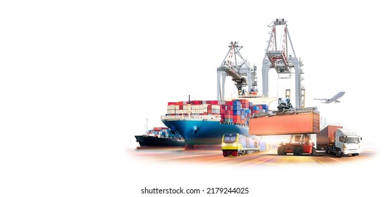 Global business logistics transport import export and International trade concept, Logistics distribution of containers cargo freight ship, Truck and train on white background, Transportation industry