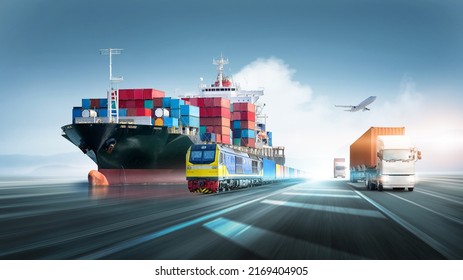 Global business logistics and transportation import export container cargo freight ship, freight train, cargo airplane, containers truck on highway with copy space, international trade concept  - Shutterstock ID 2169404905
