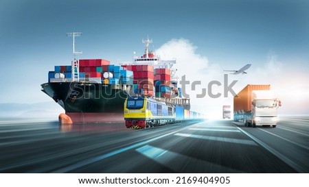 Global business logistics and transportation import export container cargo freight ship, freight train, cargo airplane, containers truck on highway with copy space, international trade concept 