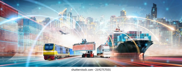 Global Business Network Distribution And Technology Digital Future Of Cargo Containers Logistics Transport Concept, Double Exposure Of Freight Ship, Modern Futuristic Transportation Import Export